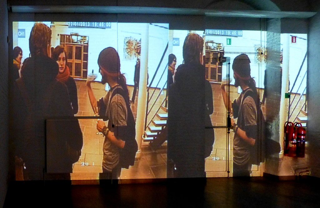 A surveillance system that incorporates the visitors to the gallery inside the artwort, as a performative spectacle of surveillance. 2008. 