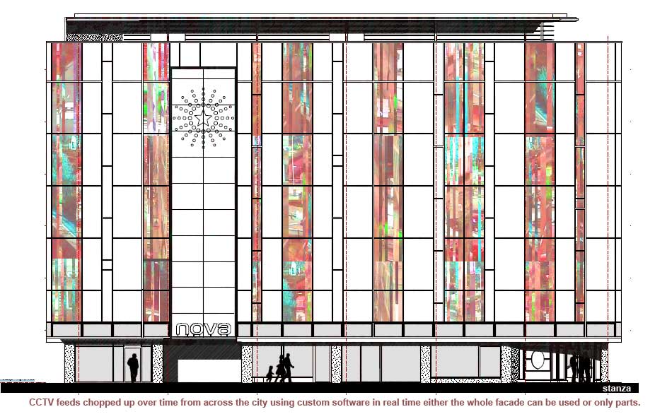 Stanza. Responsive Facade. The AØF NOVA Project Trondheim, Norway. Vector Foiltec. The Nova building becomes focus and the centre of a new social space harvesting data and information from across the city. The emotional real time state of the city of Trondheim is reflected by using live data and CCTV images to almost represent the Nova Building as a living breathing entitity.