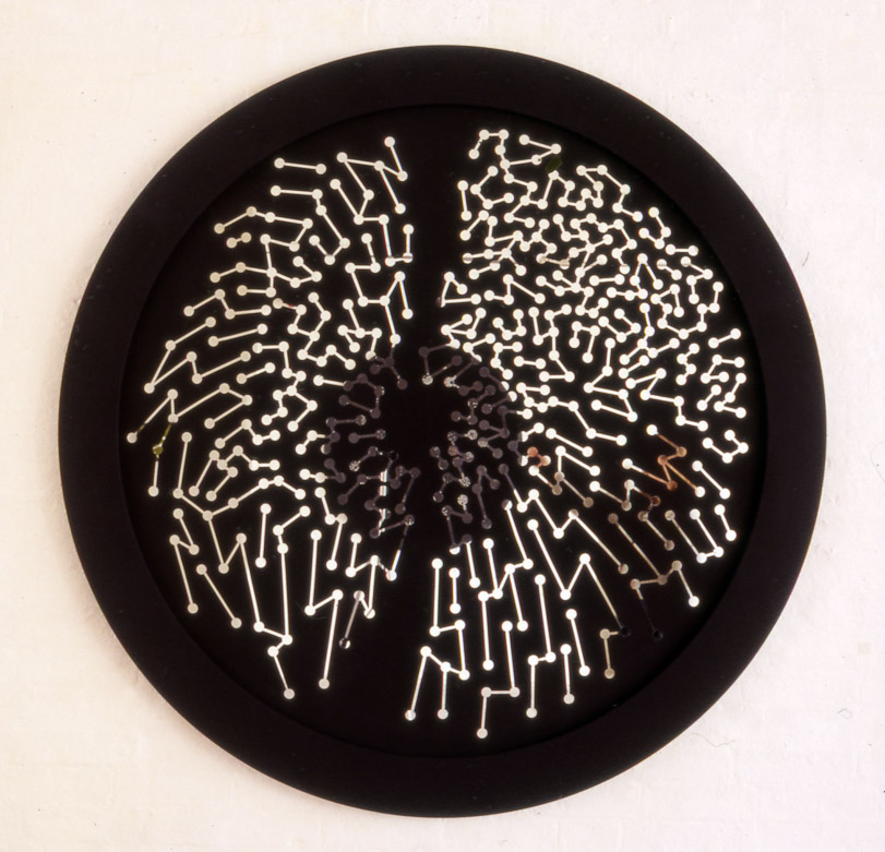 Drawing by hand on mirror, sandblasted, graphit. The white bits are mirror plate and are refective. Large circle 150 cm diameter in size. Artwork By Stanza 