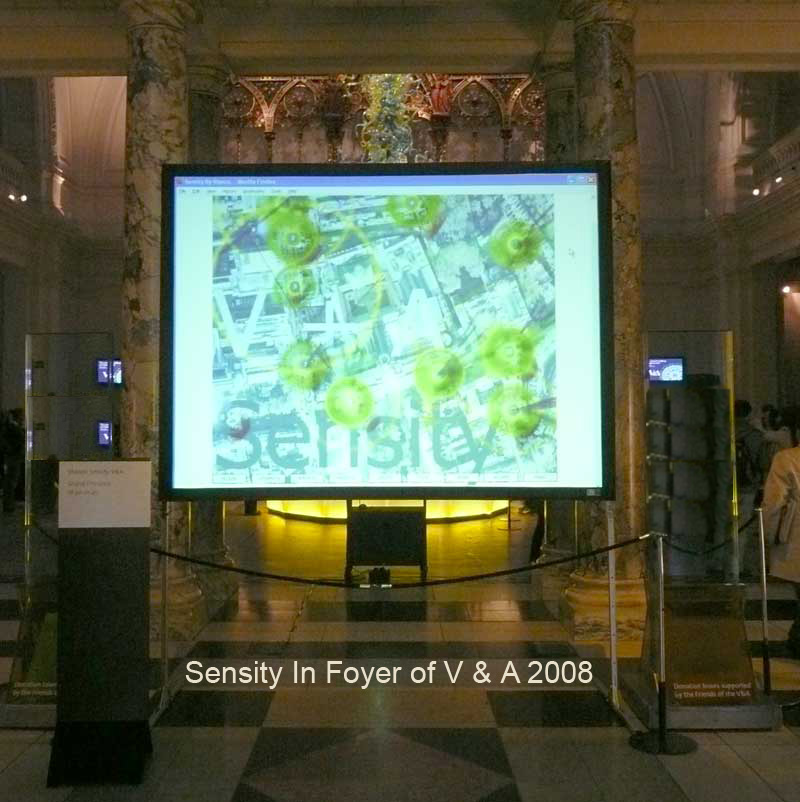 Victoria and Albert Museum. Stanza , Sensity. Digital cities. Stanza net art.Sensors placed around an environment transmit information about the surrounding space that is used to create this installation.City visualisation of data. Steve Tanza