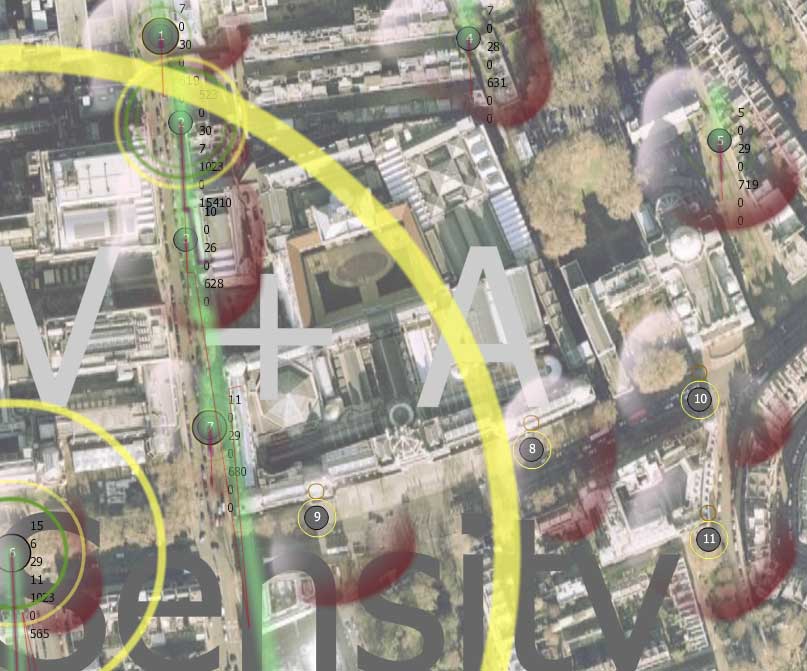 data visualisation. I hid my sensors and made this work of the environment over a few hours in the afternoon. This visualization is made for Cybersonica late at V @ A on 31 st October 2008 and open evening. "Sensity V and A", was installed in the main foyer entrance. Sensity leverages the real time data city and represents it online, showing the properties of the system and the emerging changing behaviors of space.Images below of how it looked in the Victoria and Albert Museum, London.